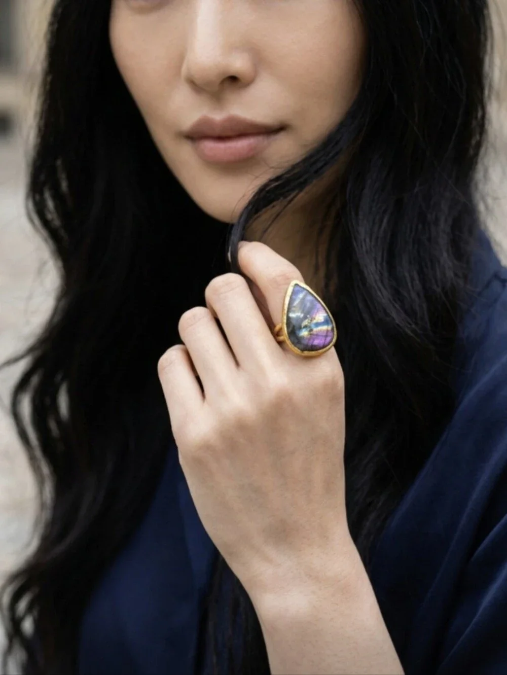 Best 22k Gold Plated Teardrop Genuine Rainbow Flash Labradorite Statement Ring